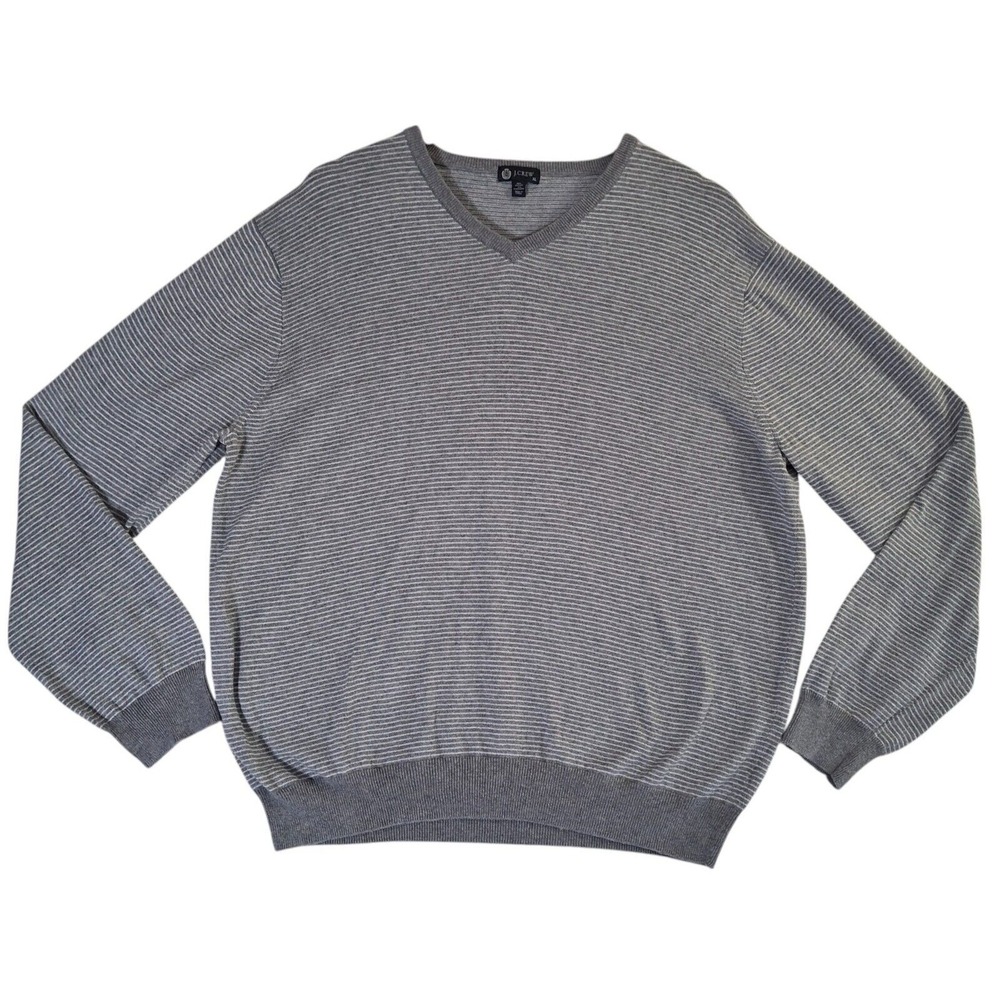 J Crew Cashmere Blend Sweater Men's XL Gray Striped V-Neck Pullover